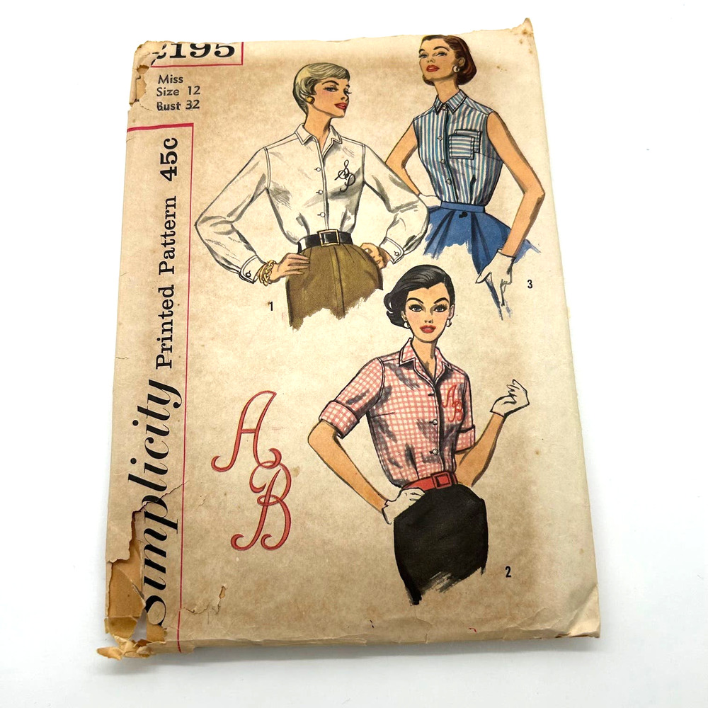 Simplicity Vintage 1950's Pattern #2195‎ Misses Women's Blouses Size 12